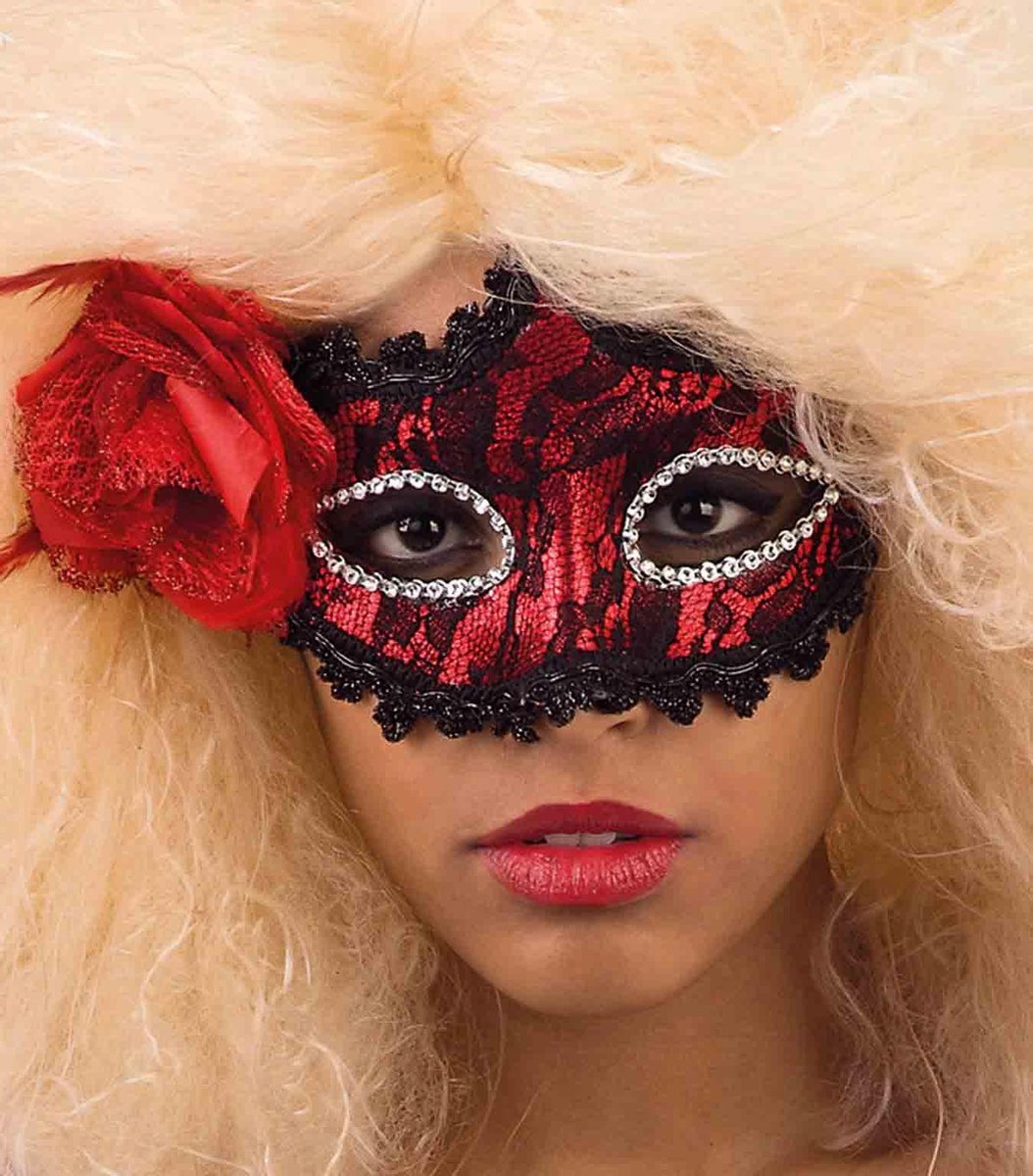 Kanten masker met veren, deluxe, rood/zwart