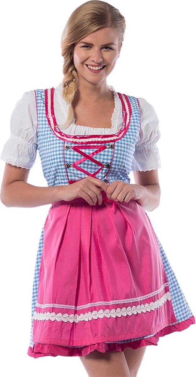 Partychimp Dirndl Jill Dames Polyester Blauw/roze Mt M