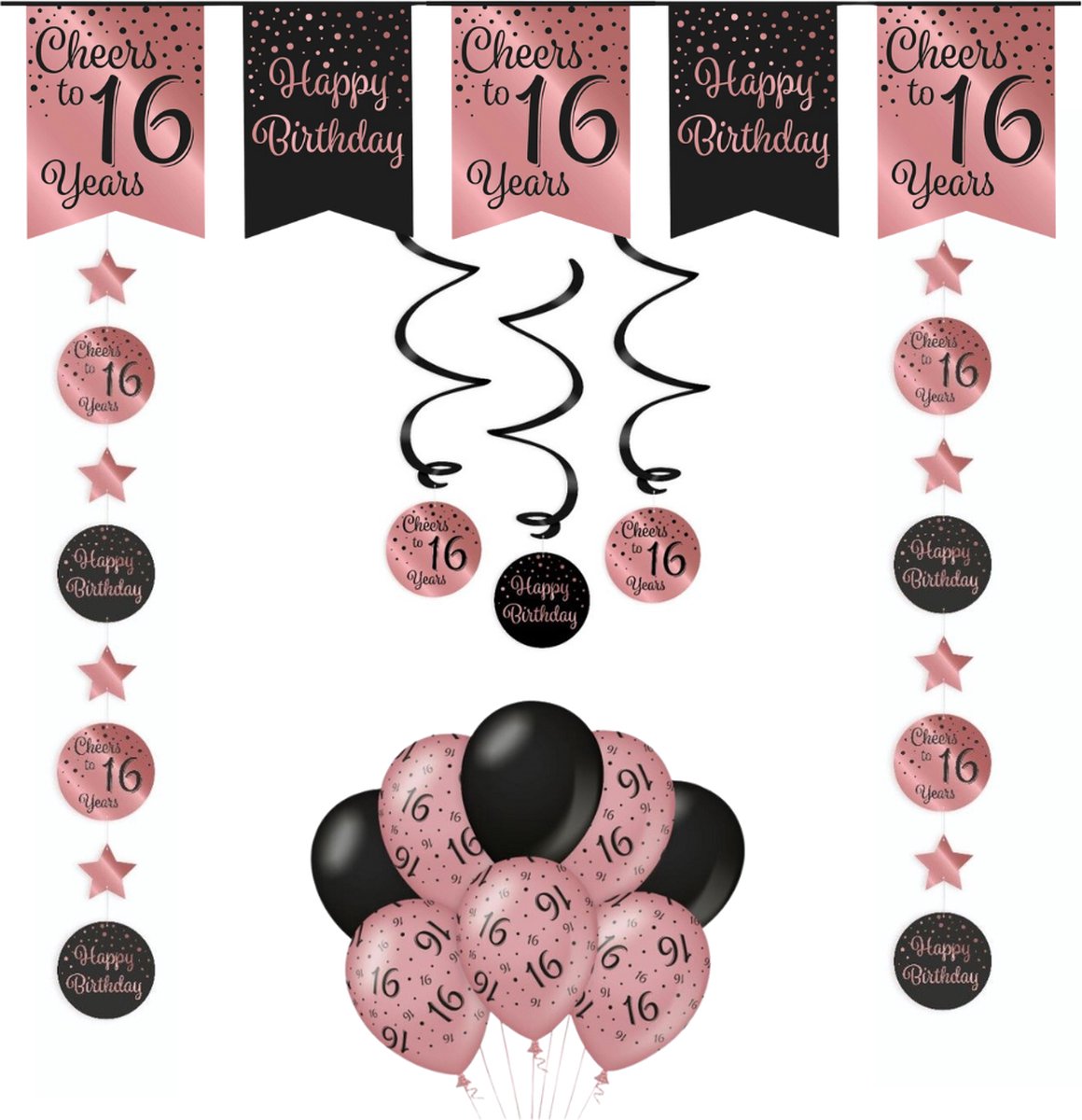 Verjaardag Versiering Pakket 16 Jaar - Zwart - Roze - Versiering - Decoratie - Sweet 16 - Feestpakket - Leeftijden - Slinger - Ballonnen - Hangdecoratie - Swirls