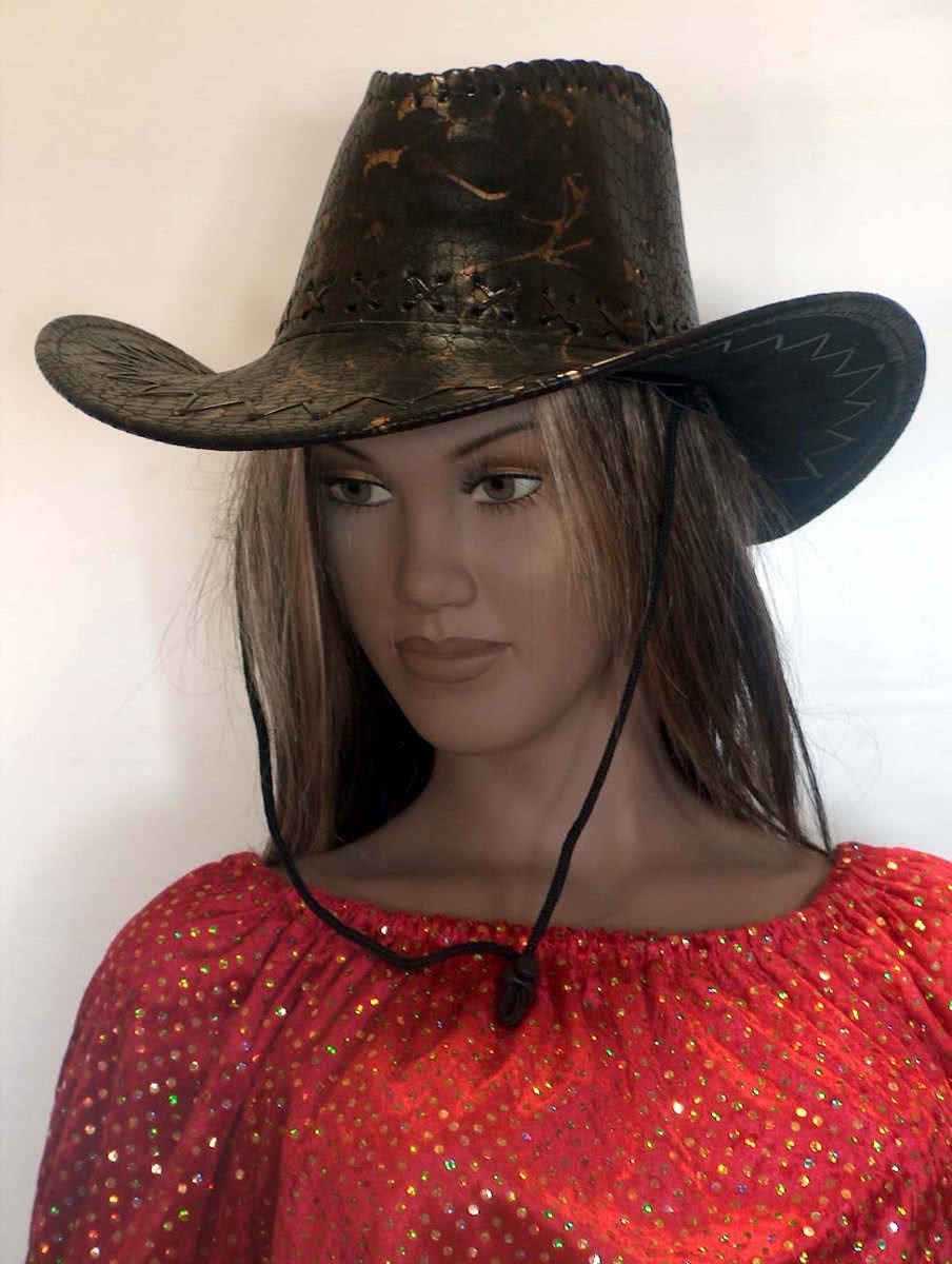 Toppers cowboyhoed lederlook zwart