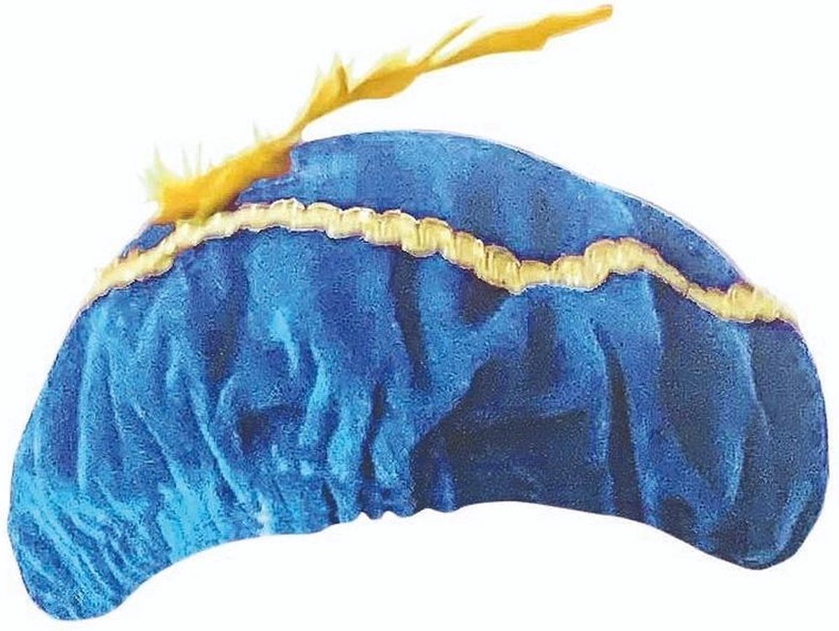 Pieten Muts - Barret – Velours – One Size – blauw - geele veer - sinterklaas muts -