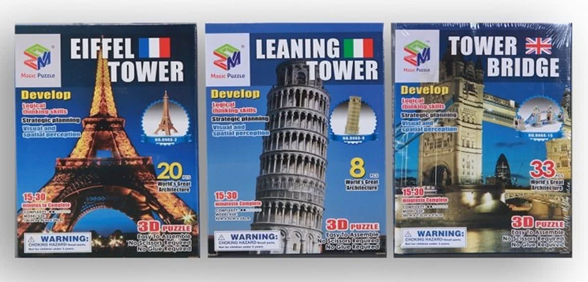 3 stuks 3D puzzels Pisa/Parijs/Londen