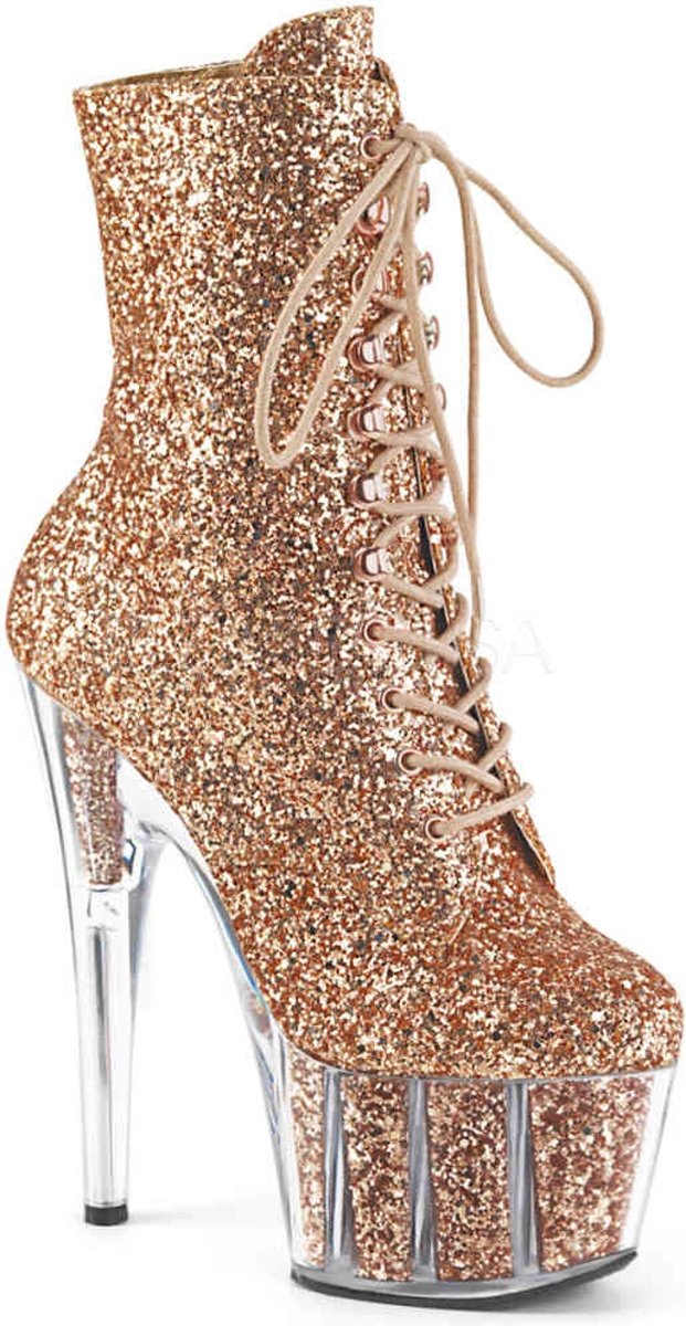 ADORE-1020G (EU 35 = US 5) 7 Heel, 2 3/4 PF Glitter Lace-Up Ankle Boot, Side Zip