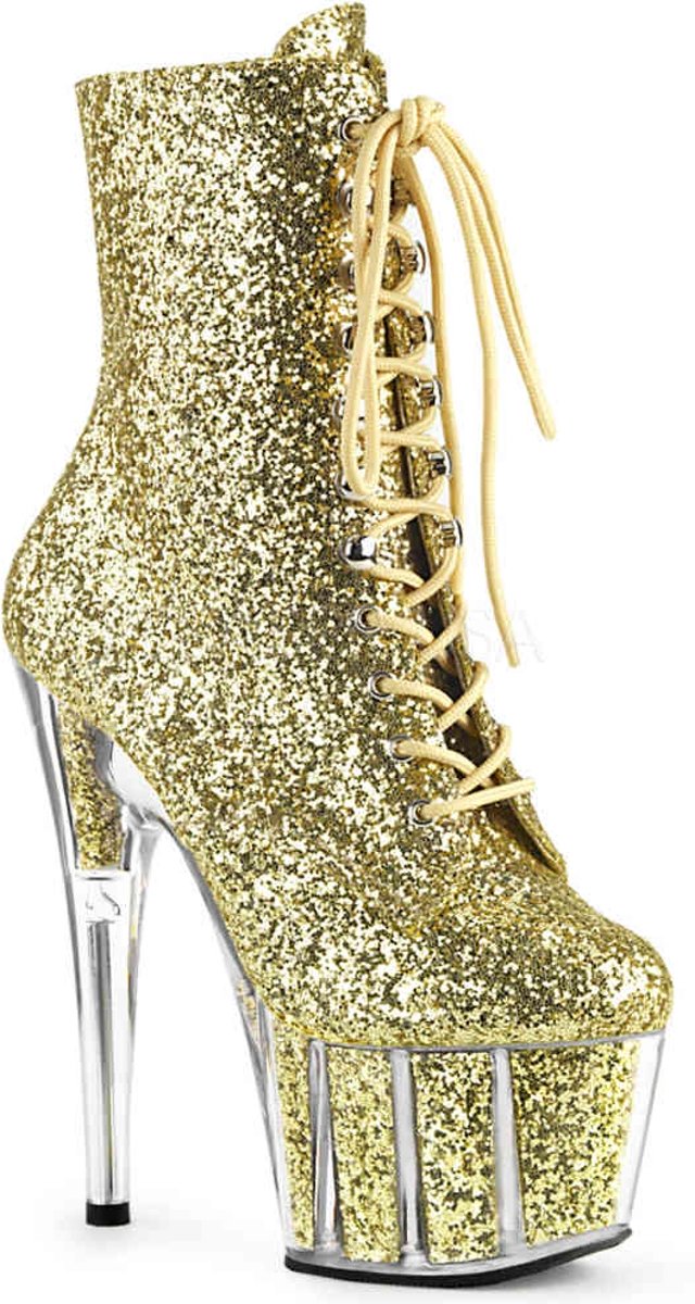 ADORE-1020G (EU 36 = US 6) 7 Heel, 2 3/4 PF Glitter Lace-Up Ankle Boot, Side Zip