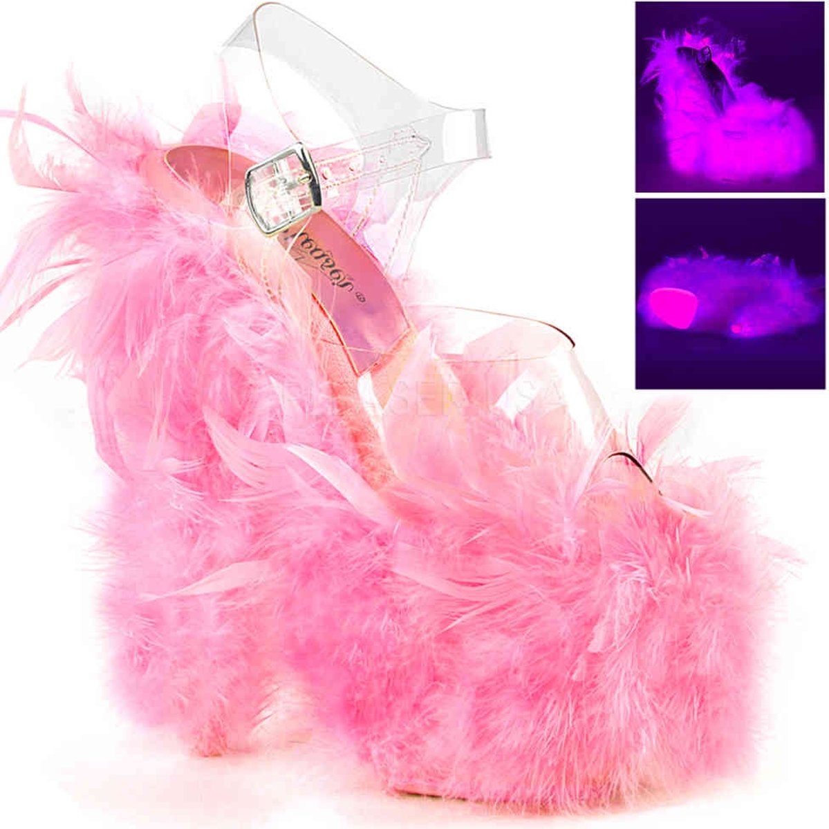 ADORE-708F (EU 37 = US 7) 7 Heel, 2 3/4 PF Marabou Feather Ankle Strap Sandal