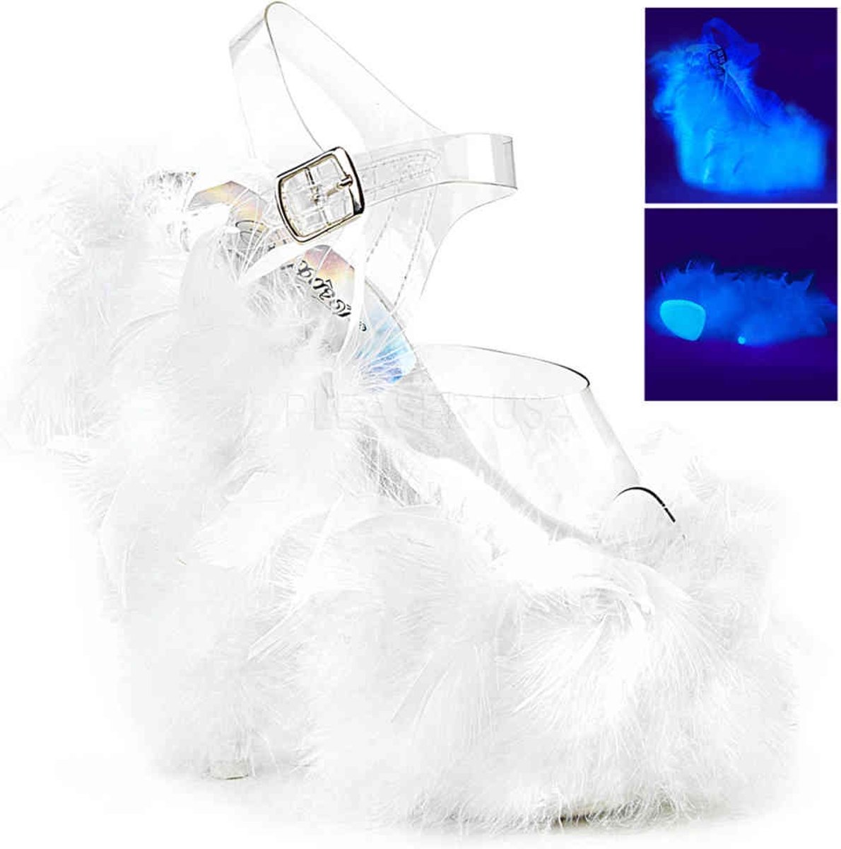 ADORE-708F (EU 38 = US 8) 7 Heel, 2 3/4 PF Marabou Feather Ankle Strap Sandal