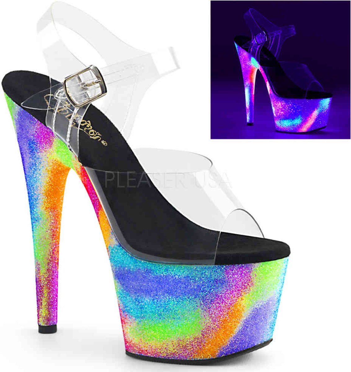 ADORE-708GXY (EU 35 = US 5) 7 Heel, 2 3/4 PF Ankle Strap Sandal w/ UV Galaxy Effect