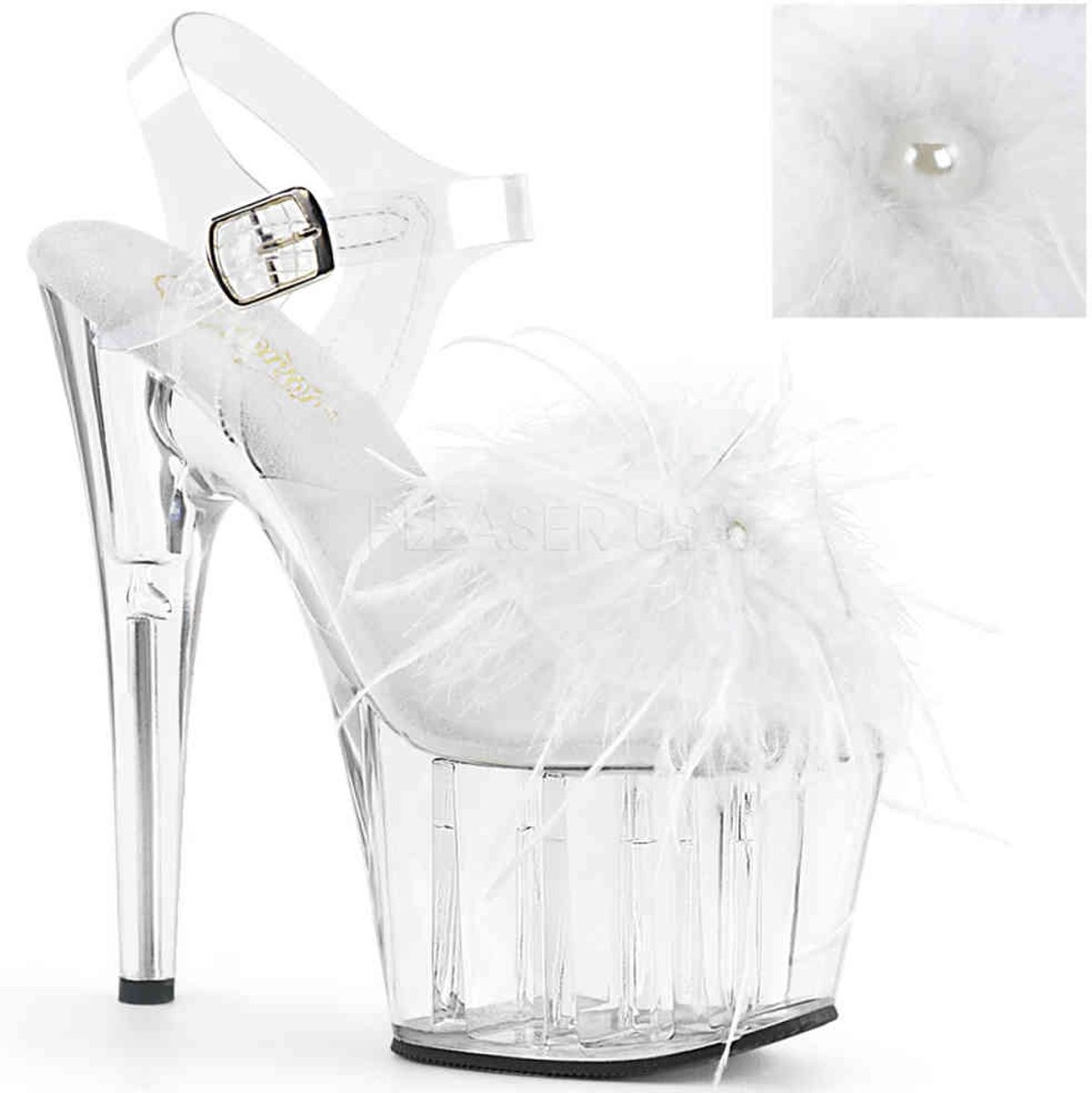 ADORE-708MF (EU 36 = US 6) 7 Heel, 2 3/4 PF Ankle Strap Sandal w/ Feather Pearl