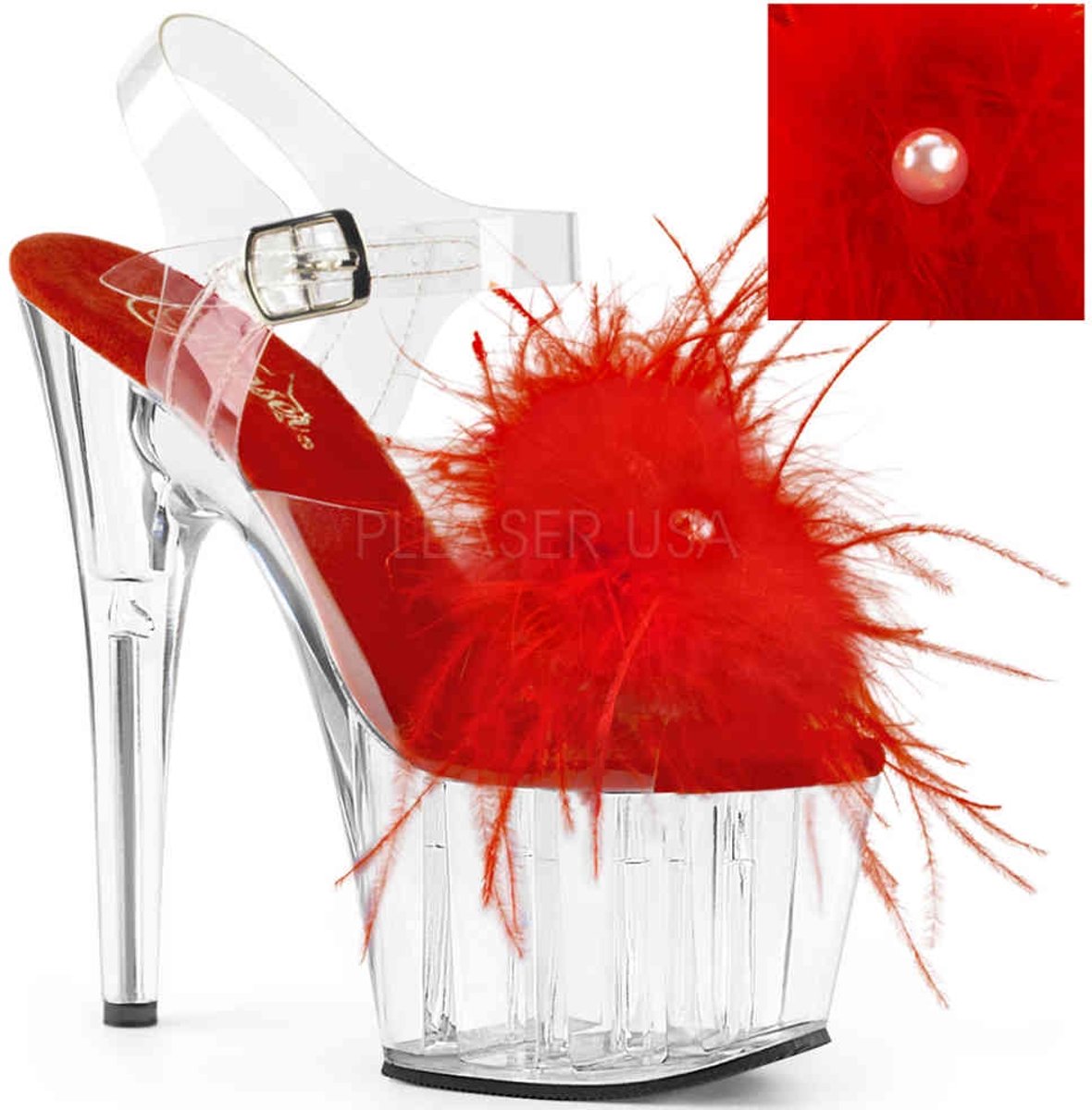 ADORE-708MF (EU 38 = US 8) 7 Heel, 2 3/4 PF Ankle Strap Sandal w/ Feather Pearl