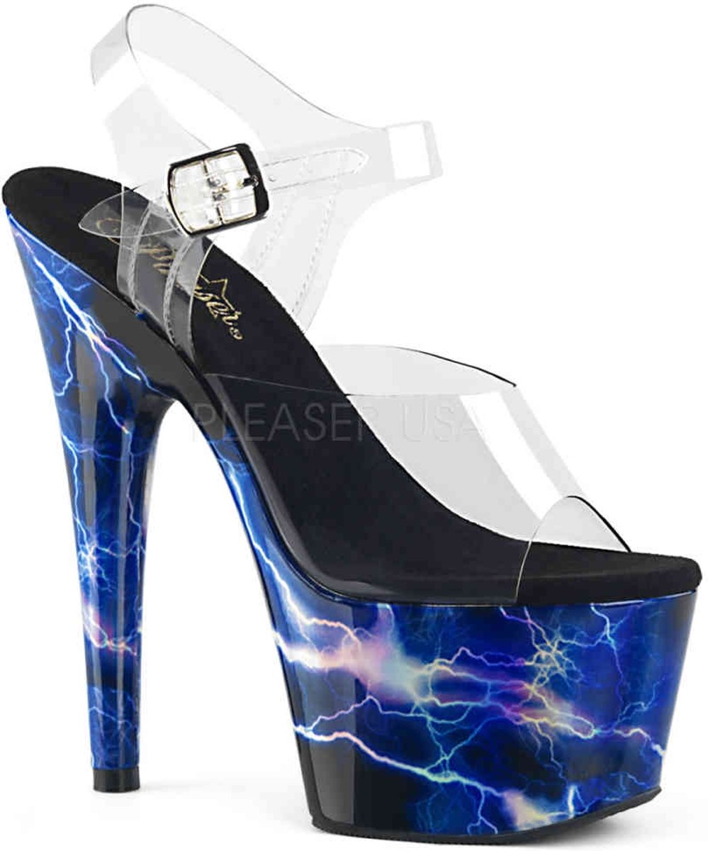 ADORE-708STORM (EU 37 = US 7) 7 Heel,2 3/4PF Ankle Strap Sandal w/Lightning Bolt Print