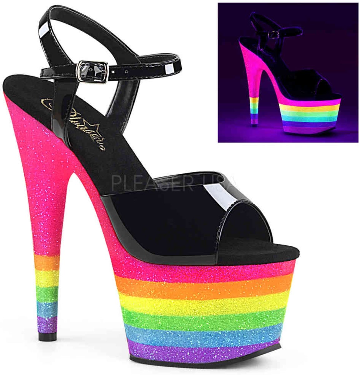 ADORE-709UVRB (EU 36 = US 6) 7 Heel, 2 3/4 PF Ankle Strap Sandal w/ Glitter Bottom