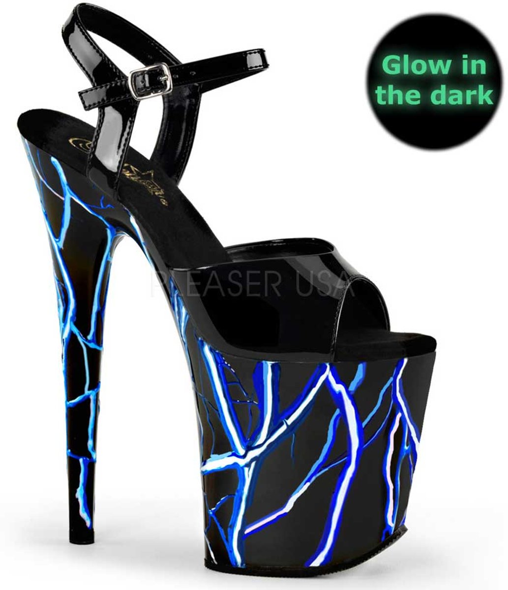 Flamingo-809NLB UV stiletto sandal with high platform, ankle strap and blue lightning bolt detail black - (EU 38 = US 8) - Pleaser