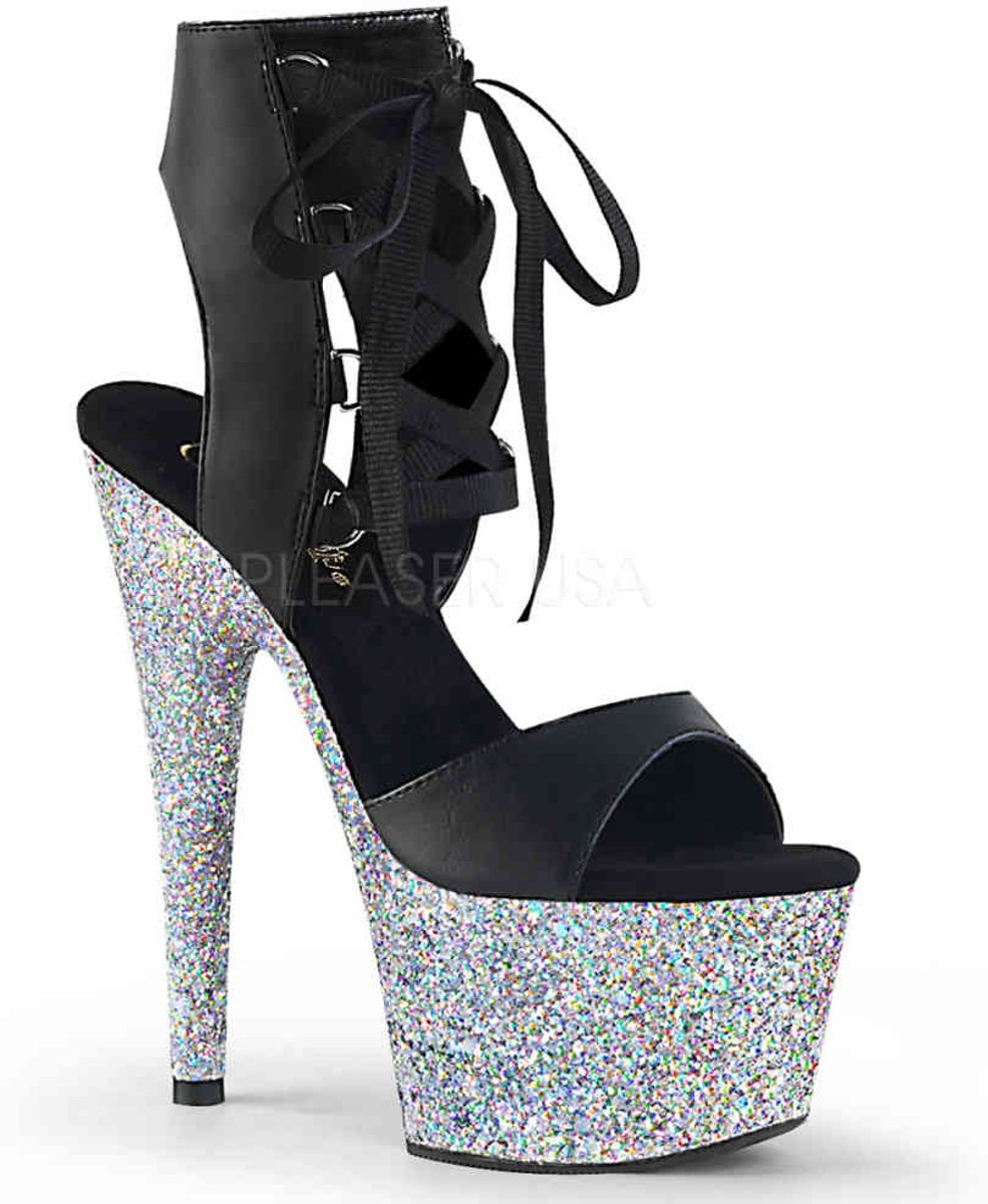 Pleaser Sandaal met enkelband -35 Shoes- ADORE-700-14LG Zwart/Zilverkleurig