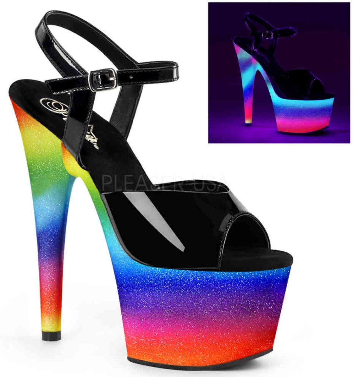 Pleaser Sandaal met enkelband -35 Shoes- ADORE-709WR Zwart/Multicolours