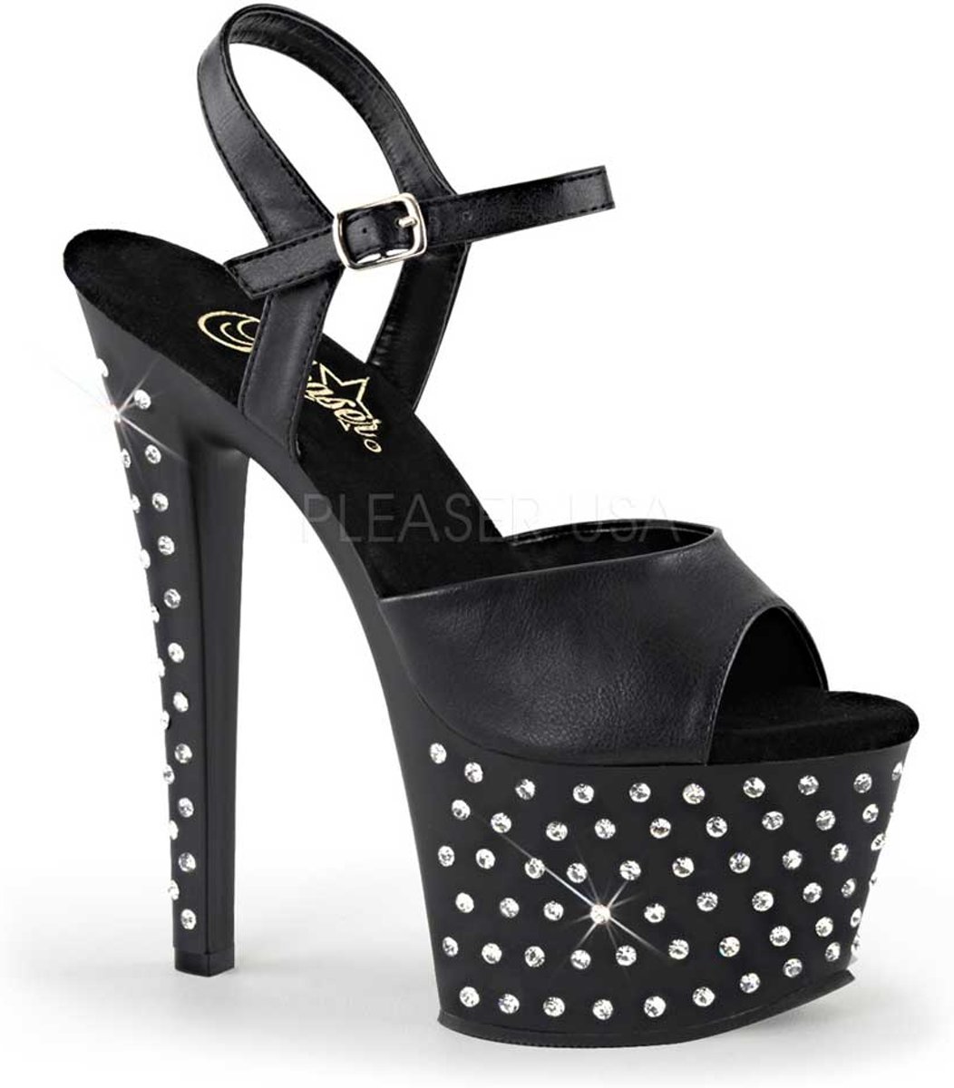 Stardust-709 peeptoe stiletto sandal with rhinestones on heel and platform black faux leather - (EU 35 = US 5) - Pleaser