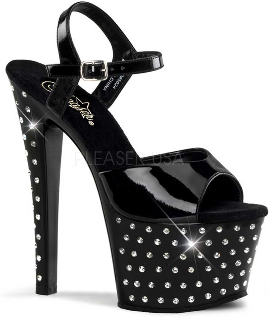 Stardust-709 peeptoe stiletto sandal with rhinestones on heel and platform black patent - (EU 38 = US 8) - Pleaser