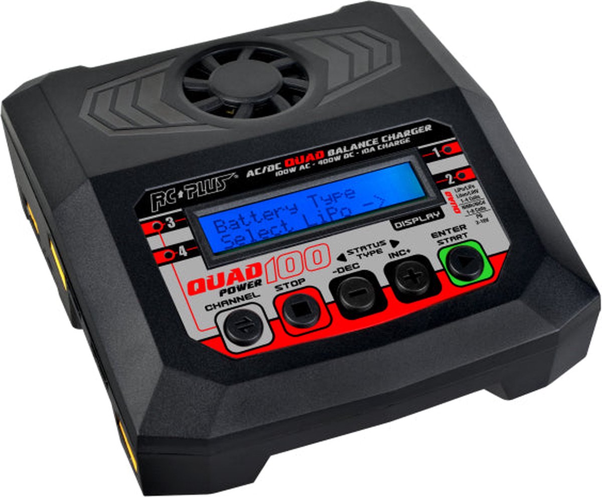 RC Plus - Power Quad 100 Charger - AC 100W - DC 4x 100W - 4x 4S Lixx - 8 Nixx - 16V PB