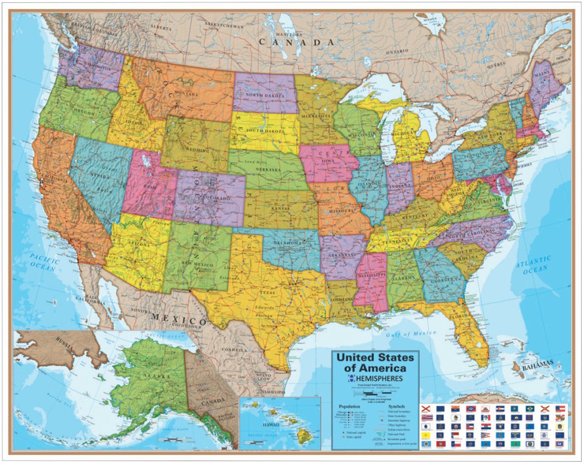 Grote kaart van america met vlaggen H96,5cmxB121cm