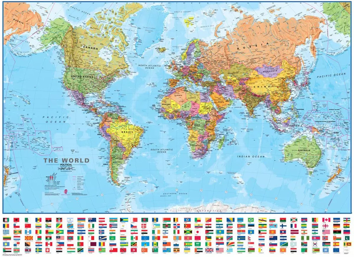 Grote wereldkaart B1,30mxH0,96m lamineert met vlaggen van alle landen