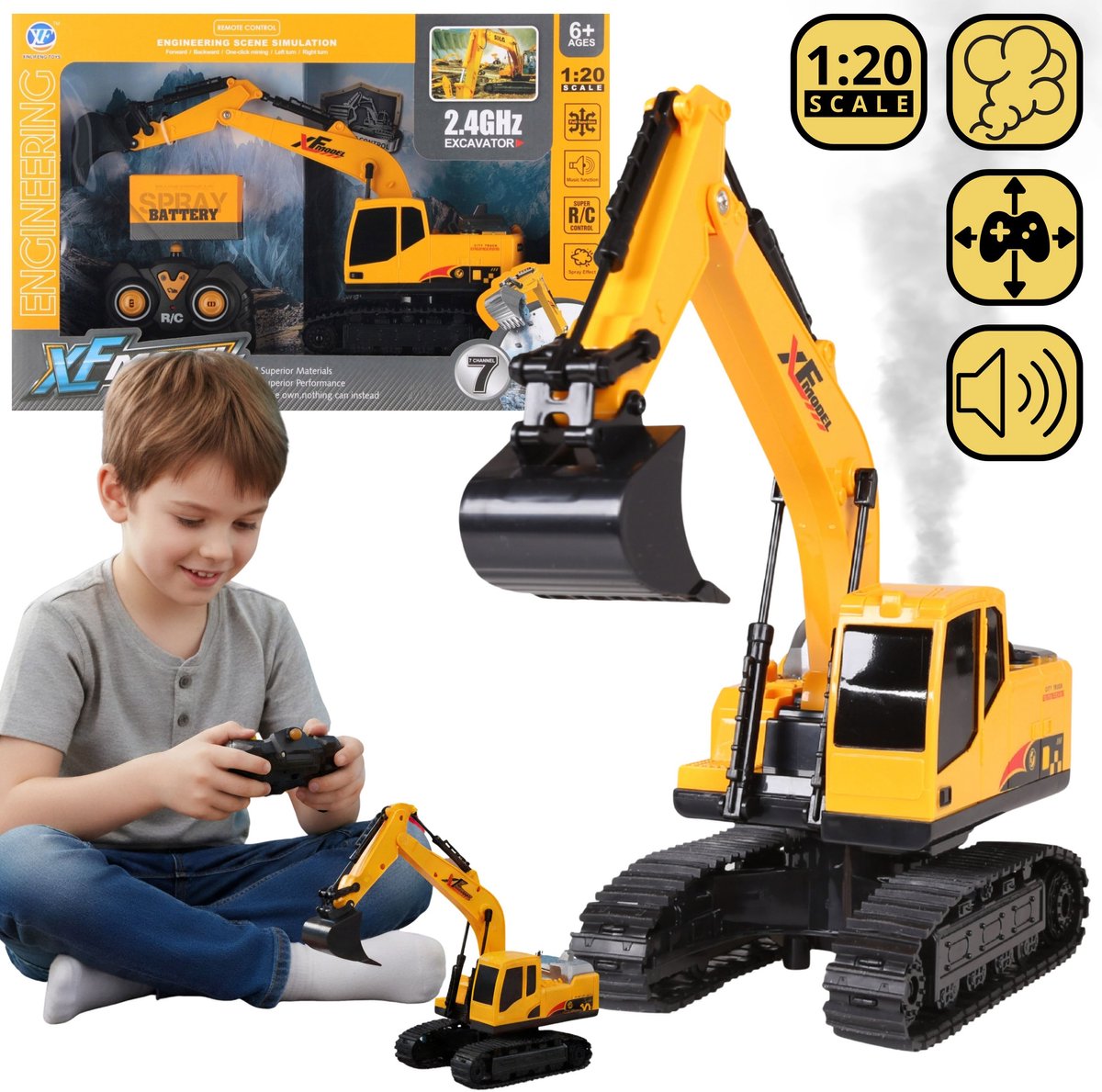 Op afstand bestuurbare rupsgraafmachine XF MET AFSTANDSBEDIENING, REALISTISCHE machine 1:20 MET GELUID MEGA CREATIVE
