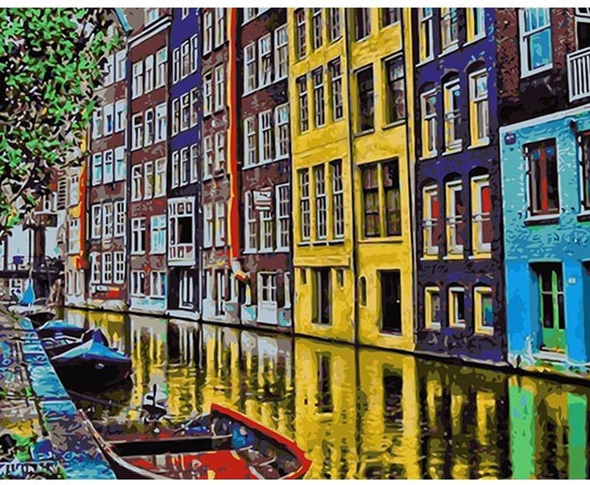 Schilderen op nummer volwassenen - Paint by number - gracht met panden - Amsterdam - 40 x 50 cm