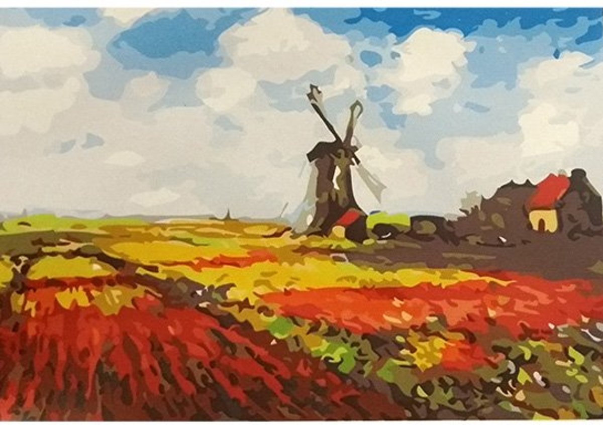 Schilderen op nummer volwassenen - paint by number - Hollandse velden - Bloemen - Molen - 40x50 cm