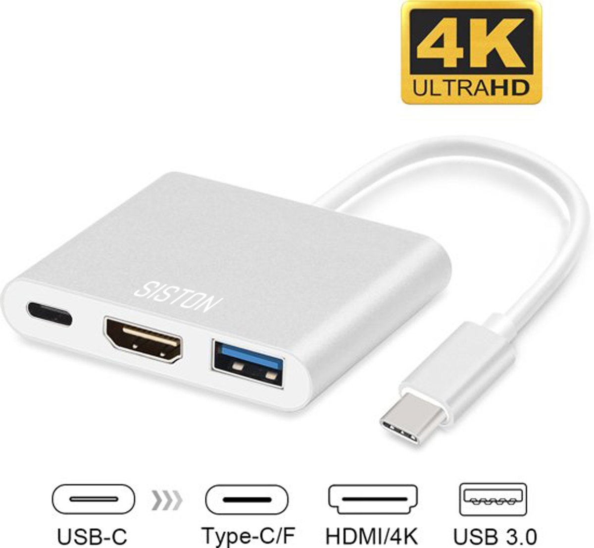 USB-C adapter voor Macbook met USB, HDMI, USB-C - Zilver - Siston