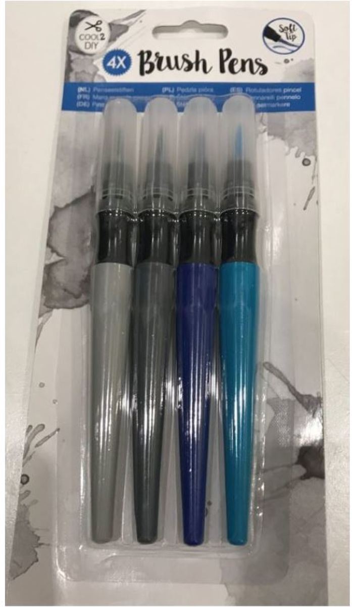 Brush Pens, 4 kleuren set groen - donkerblauw - donkergrijs - lichtgrijs