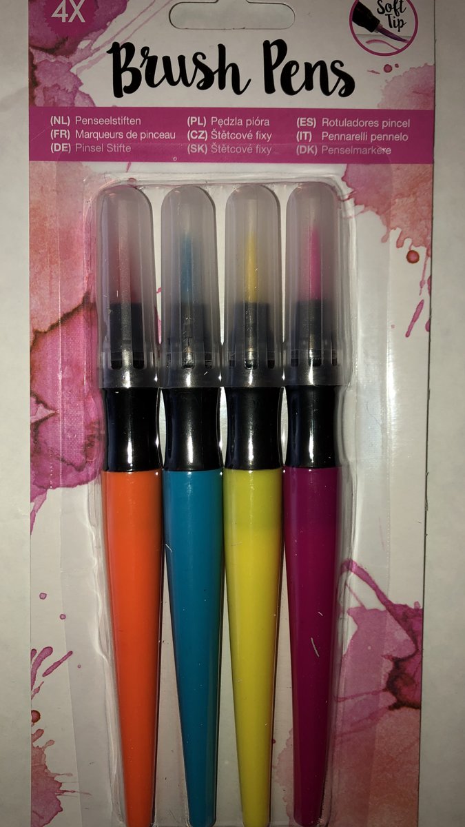 Brush Pens, 4 kleuren set oranje-blauw-geel-roze