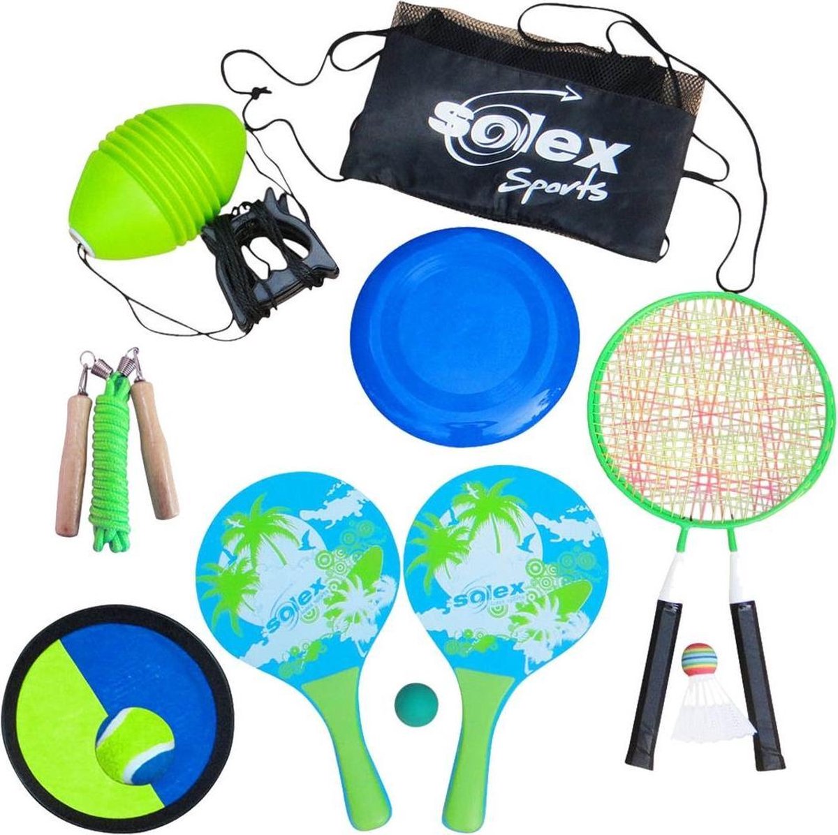 STRANDSPEL set 6 in 1 - strandspellen - GEZOND speelgoed meisjes en jongens - strandspeelgoed - strandspelletjes - boing balspel - badmintonset - frisbee - beachballset - klittenband balspel - springtouw met houten handvaten