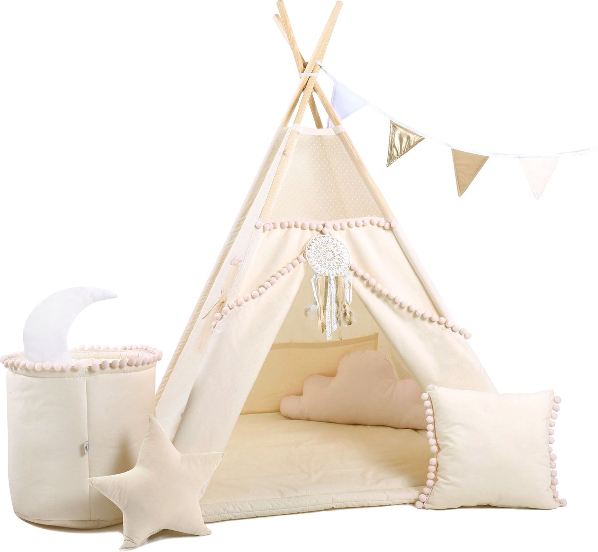 TIPI tent Beige Boho met pompons  + 4 kussens + speelmat + vlaggenlijn + speelgoedmand + hoes +  dromenvanger