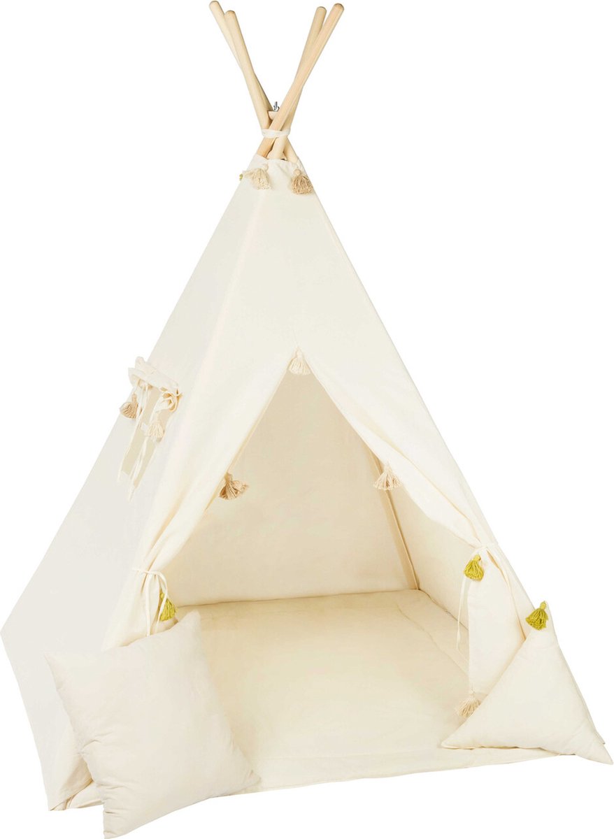 TIPI tent Beige met Franjes en accessoires TIPI + 2 kussens en speelmat