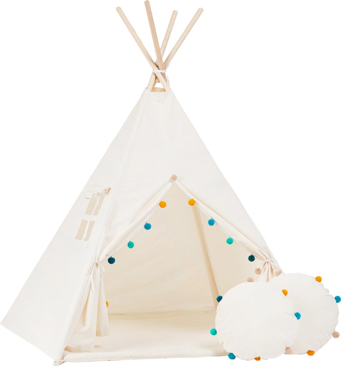 TIPI tent Beige met gekleurde pompons + 2 kussens en speelmat