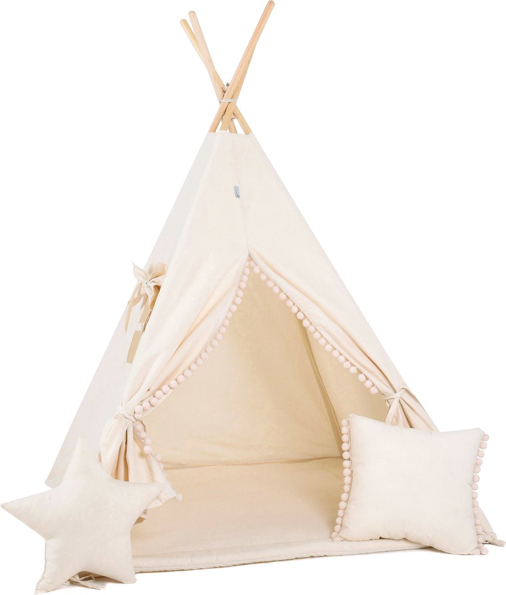 TIPI tent Beige met pompons, 2 kussens en speelmatras