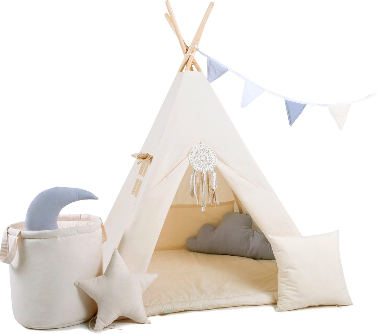 TIPI tent Beige voor kinderen XXL Set TIPI + 4 kussens + speelmat + vlaggenlijn + speelgoedmand + hoes + dromenvanger