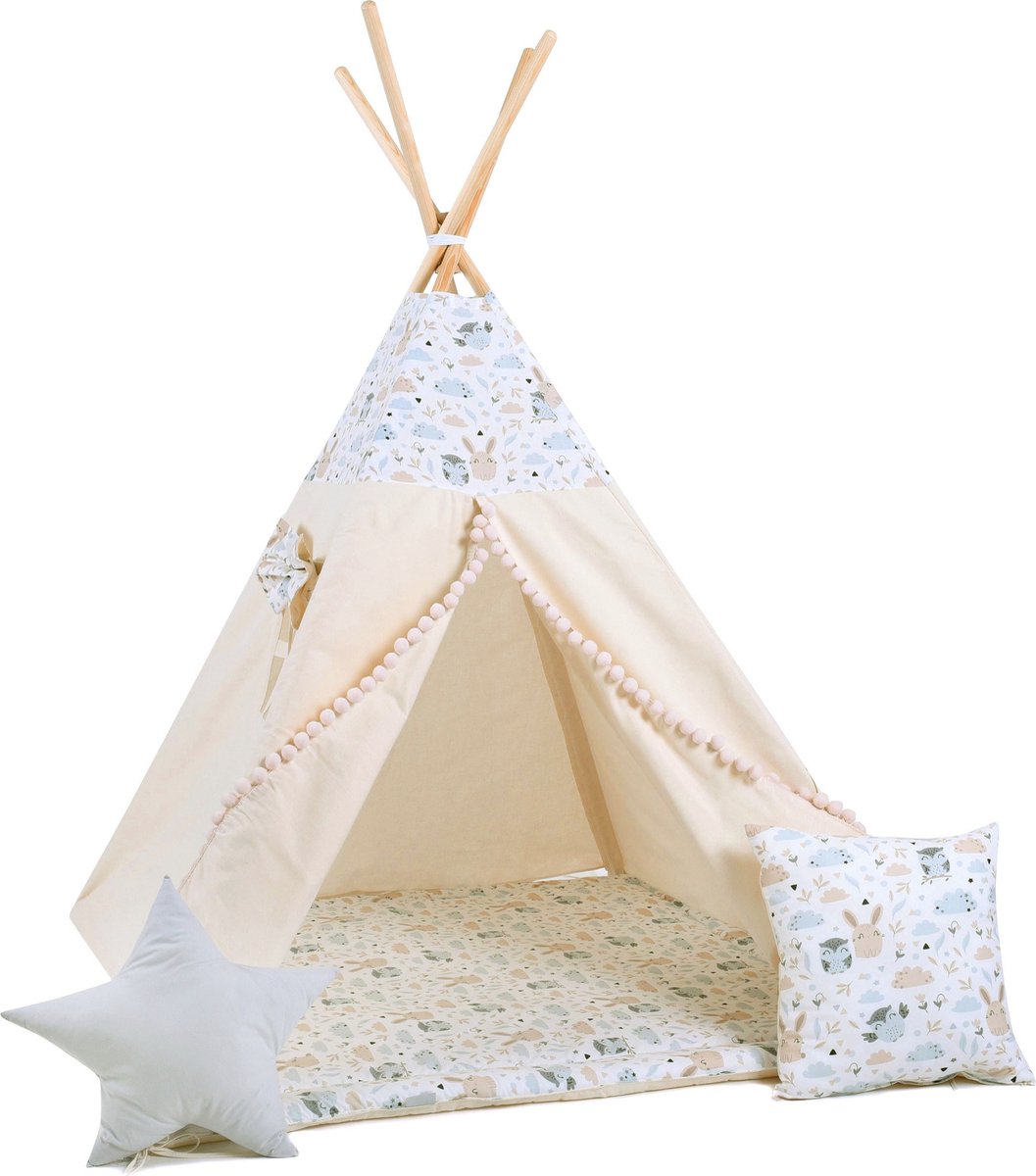 TIPI tent Pastel Friends met pompons + 2 kussens en matras