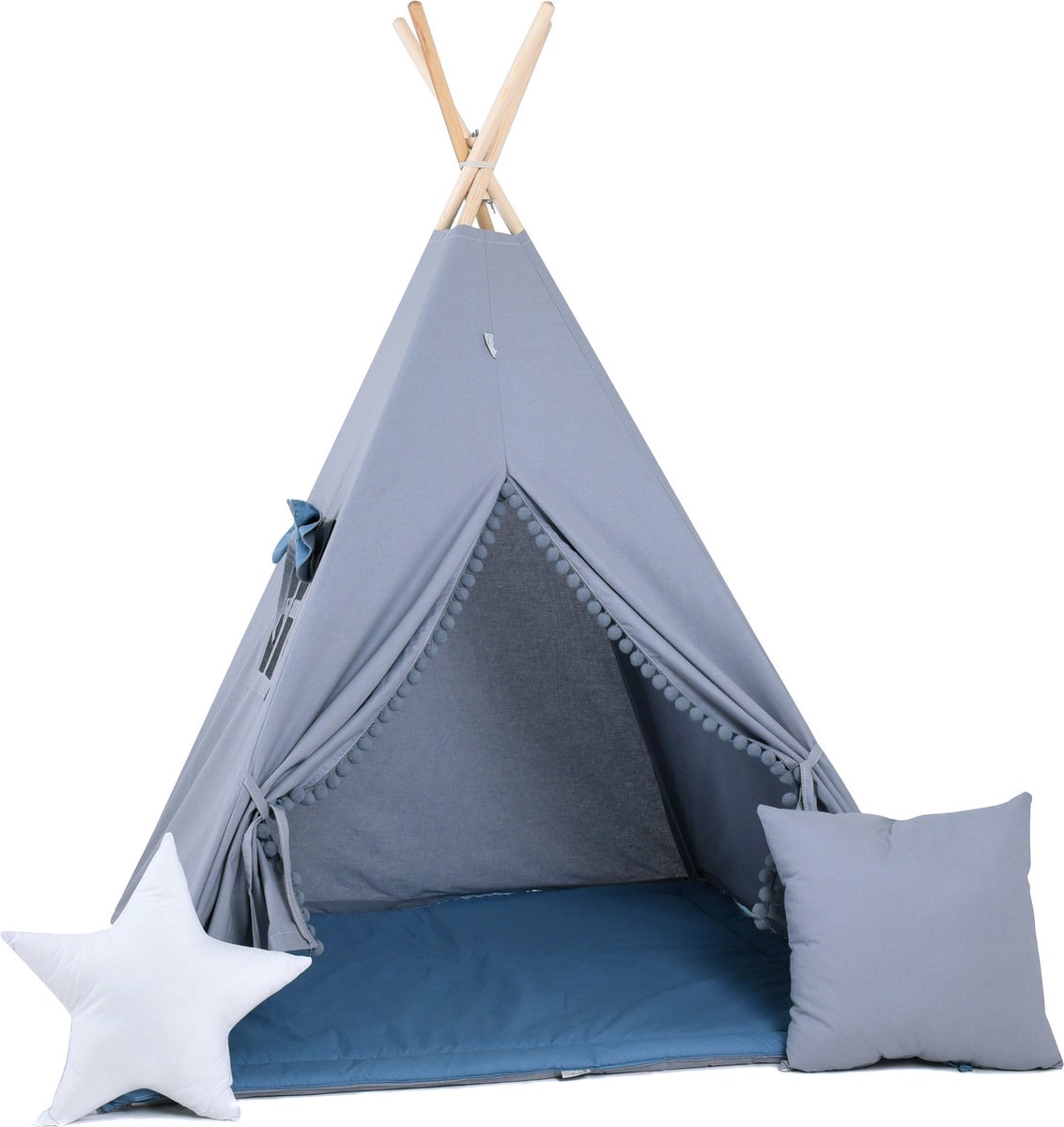 TIPI tent blauwgrijs met pompons TIPI Grijsblauw met  pompons + 2 kussens en mat