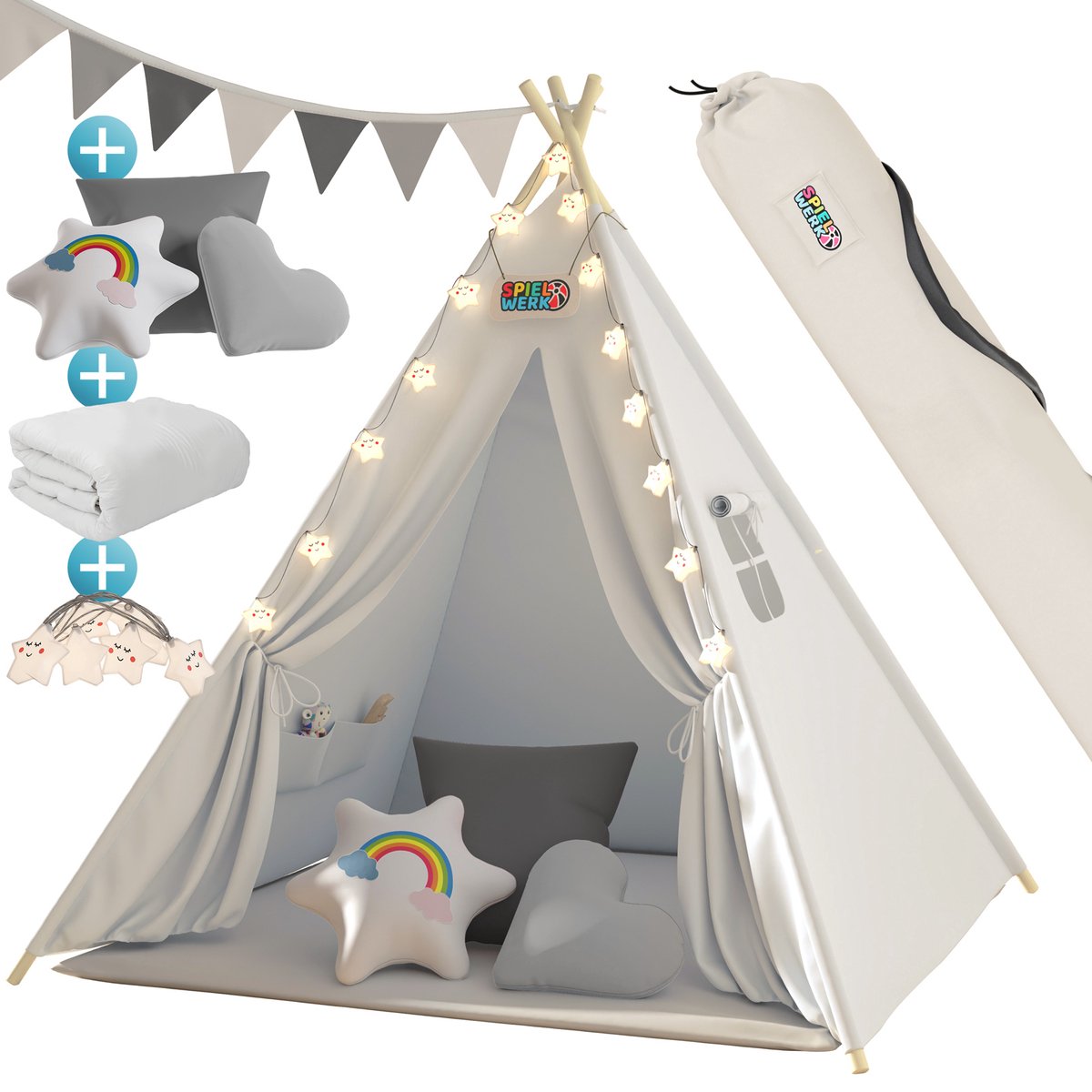 Spielwerk Speeltent met 3 Kussens – LED licht - 120x120x160cm – Crème