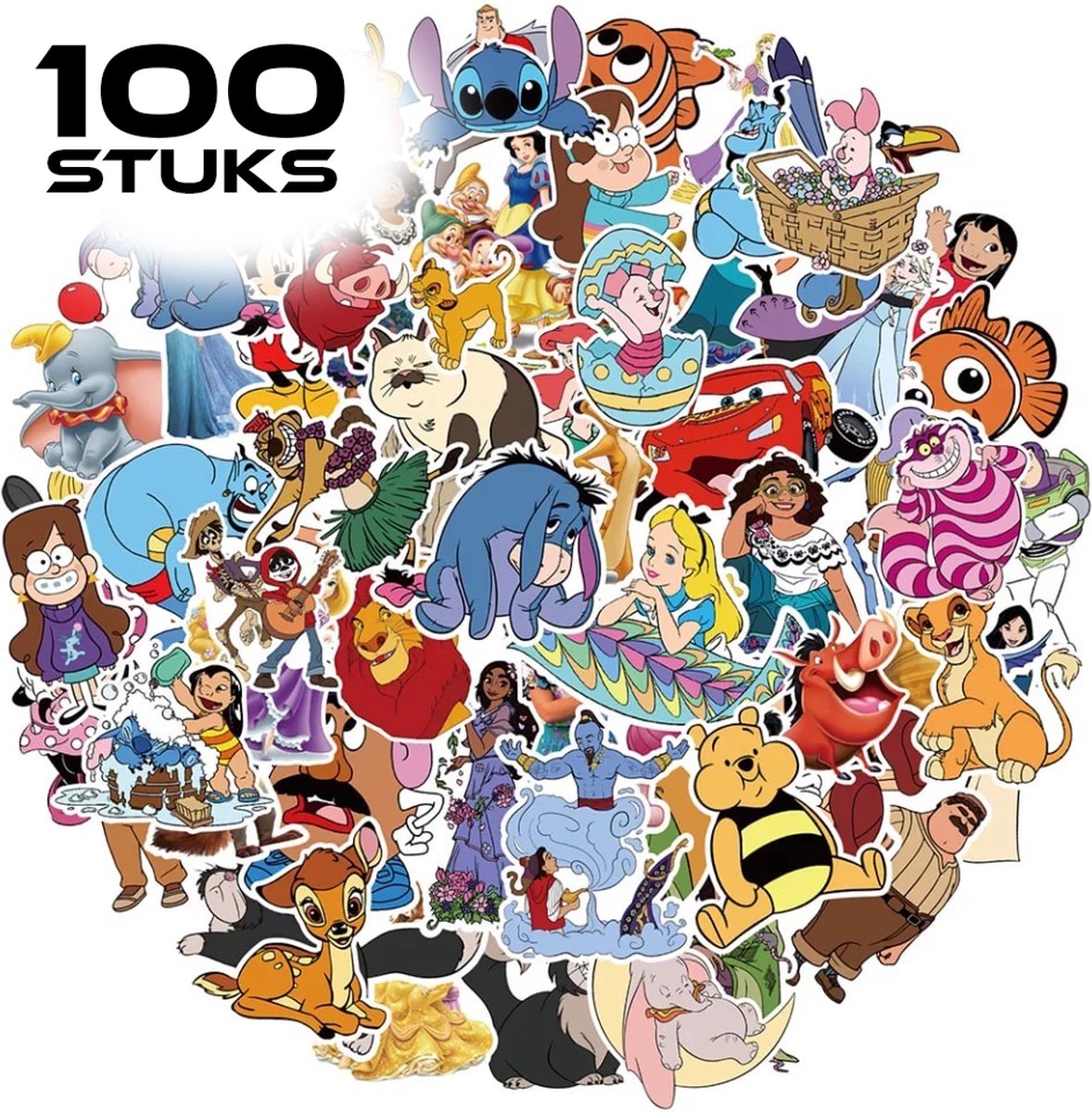 100 Disney Stickers - Mickey Mouse, Pooh, Ioor, Donald Duck en nog veel meer bekende figuren van Disney - Voor op de fiets, beker, laptop, schoolspullen, kamer, etc - Stripfiguren