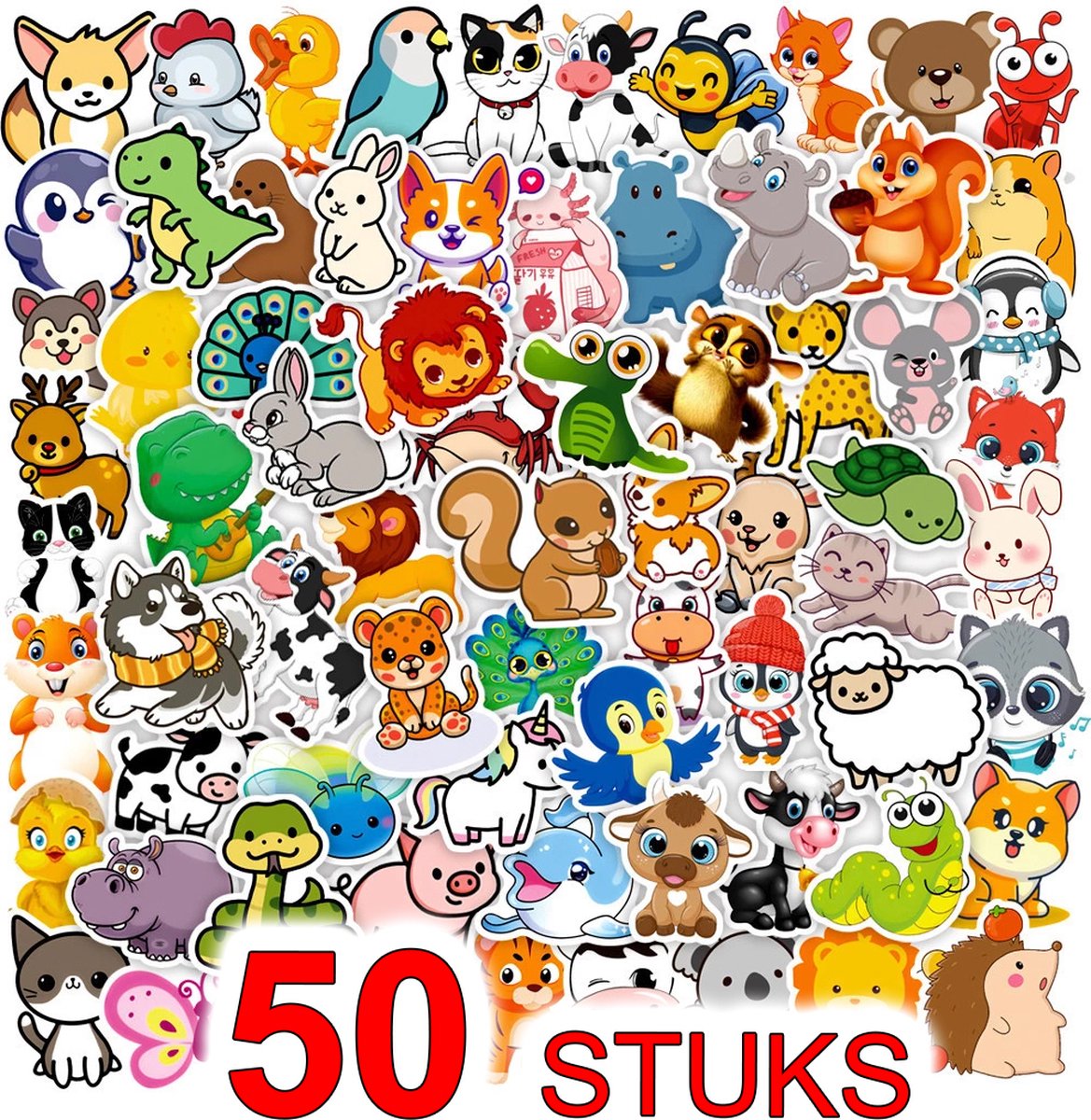 50-pack Super Vrolijke Dierenstickers - Diversen - Kinderstickers - Getekende dieren voor op de fiets, beker, laptop, schoolspullen, kamer, etc - School - Kinderen - Stikkerset - Animals ,