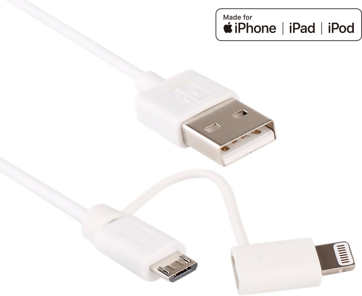 1 m MFI 2 in 1 8 pins + Micro USB 2.0 male naar USB Data Sync oplaadkabel, voor iPhone 6 Plus & 6s Plus / iPhone 5 & 5S & 5C / iPad Air / iPad mini, All Micro USB Tab PC / mobiele telefoon (wit )