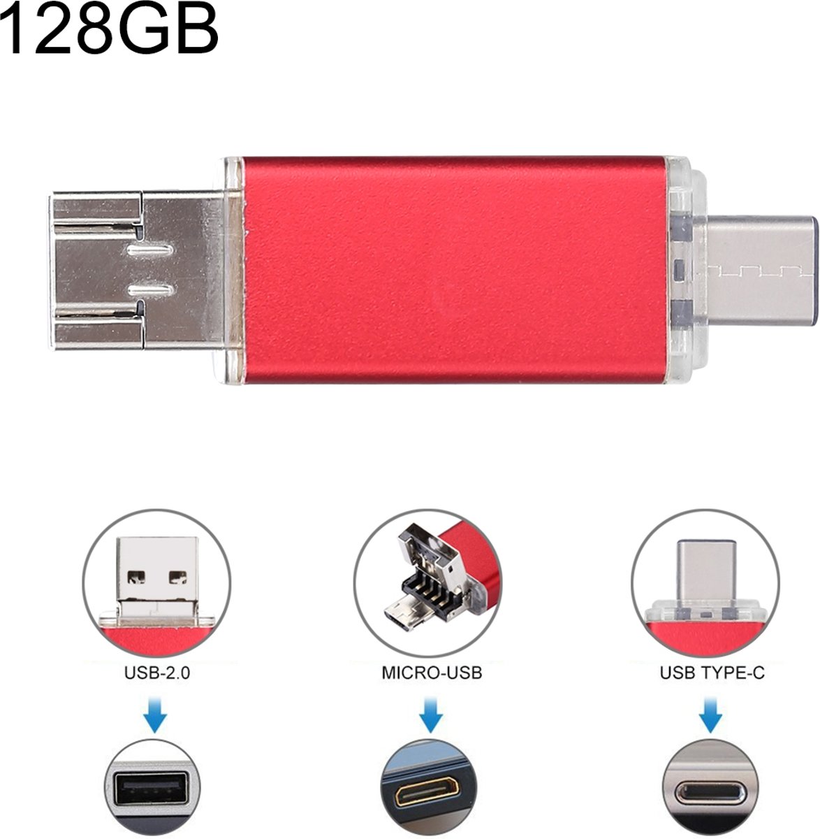 128 GB 3-in-1 USB-C / Type-C + USB 2.0 + OTG-flitsschijf, voor Type-C smartphones en pc-computer (rood)