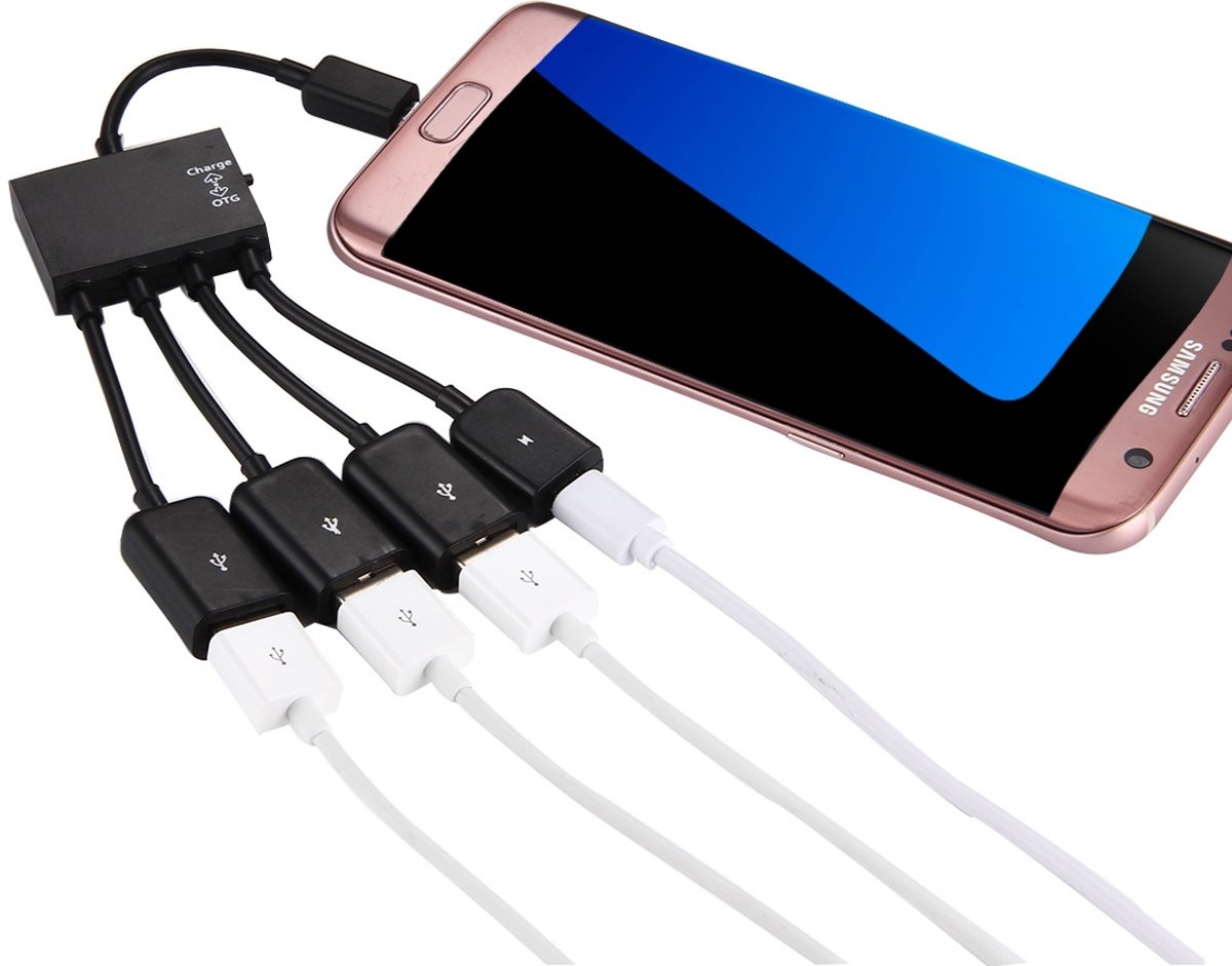 18 cm 4 poorten Micro USB OTG opladen HUB kabel, voor Samsung / Huawei / Xiaomi / Meizu / LG / HTC en andere smartphones (zwart)