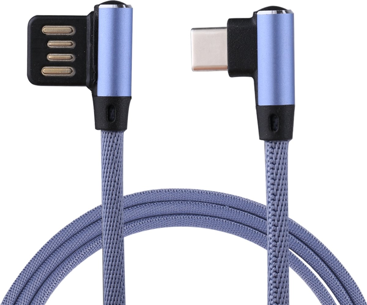 1m 2,4A-uitgang USB naar USB-C / Type-C Double Elbow-ontwerp Nylon Weave Style Data Sync-laadkabel, voor Galaxy S8 & S8 + / LG G6 / Huawei P10 & P10 Plus / Xiaomi Mi 6 & Max 2 en andere smartphones ( Blauw)