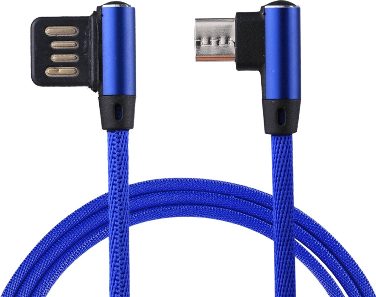 1m 2.4A-uitvoer USB naar Micro USB Double Elbow-ontwerp Nylon Weave Style Data Sync-oplaadkabel, voor Samsung, Huawei, Xiaomi, HTC, LG, Sony, Lenovo en andere smartphones (donkerblauw)