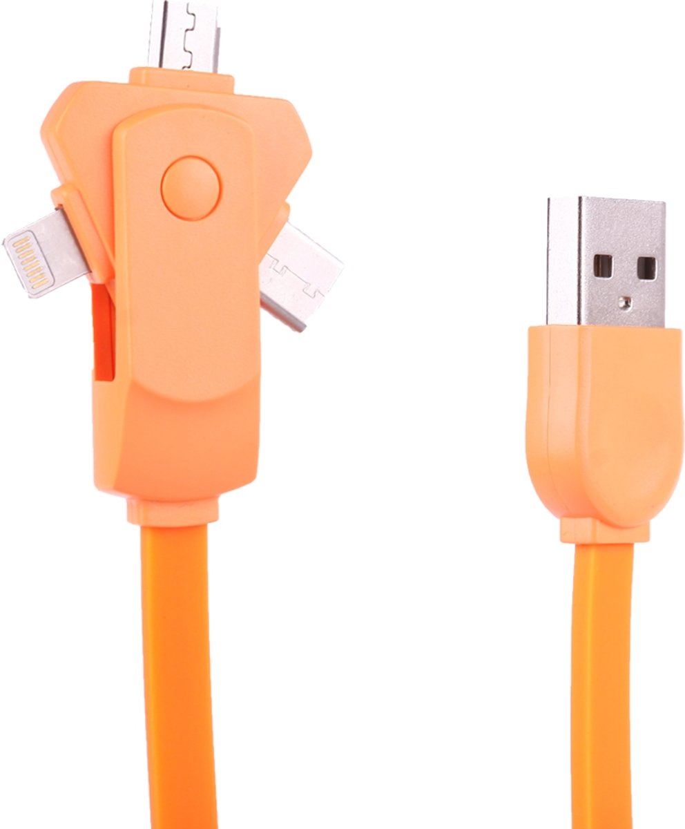 1m 2A 3 in 1 Rotatie 8 pins + USB-C / Type-C + Micro USB naar USB TPE oplaadkabel, voor iPhone & iPad & iPod & Samsung & HTC & LG & Sony & Huawei & Xiaomi & Meizu & OPPO (oranje)