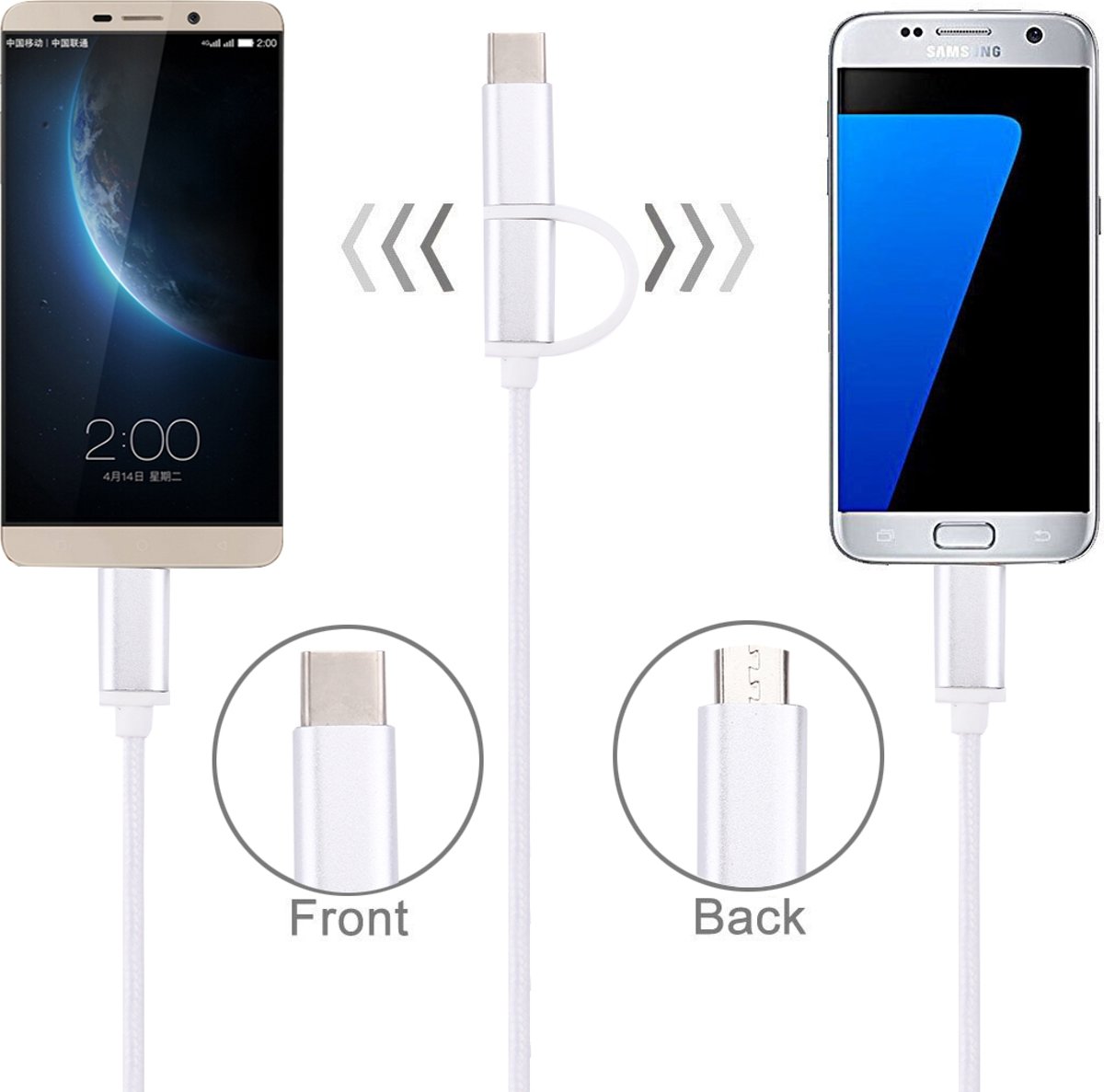 1m 2A geweven stijl metalen kop 2 in 1 Type C & Micro USB naar USB Data / Oplaadkabel, voor Galaxy S8 & S8 + / LG G6 / Huawei P10 & P10 Plus / Xiaomi Mi6 & Max 2 en andere smartphones (zilver)