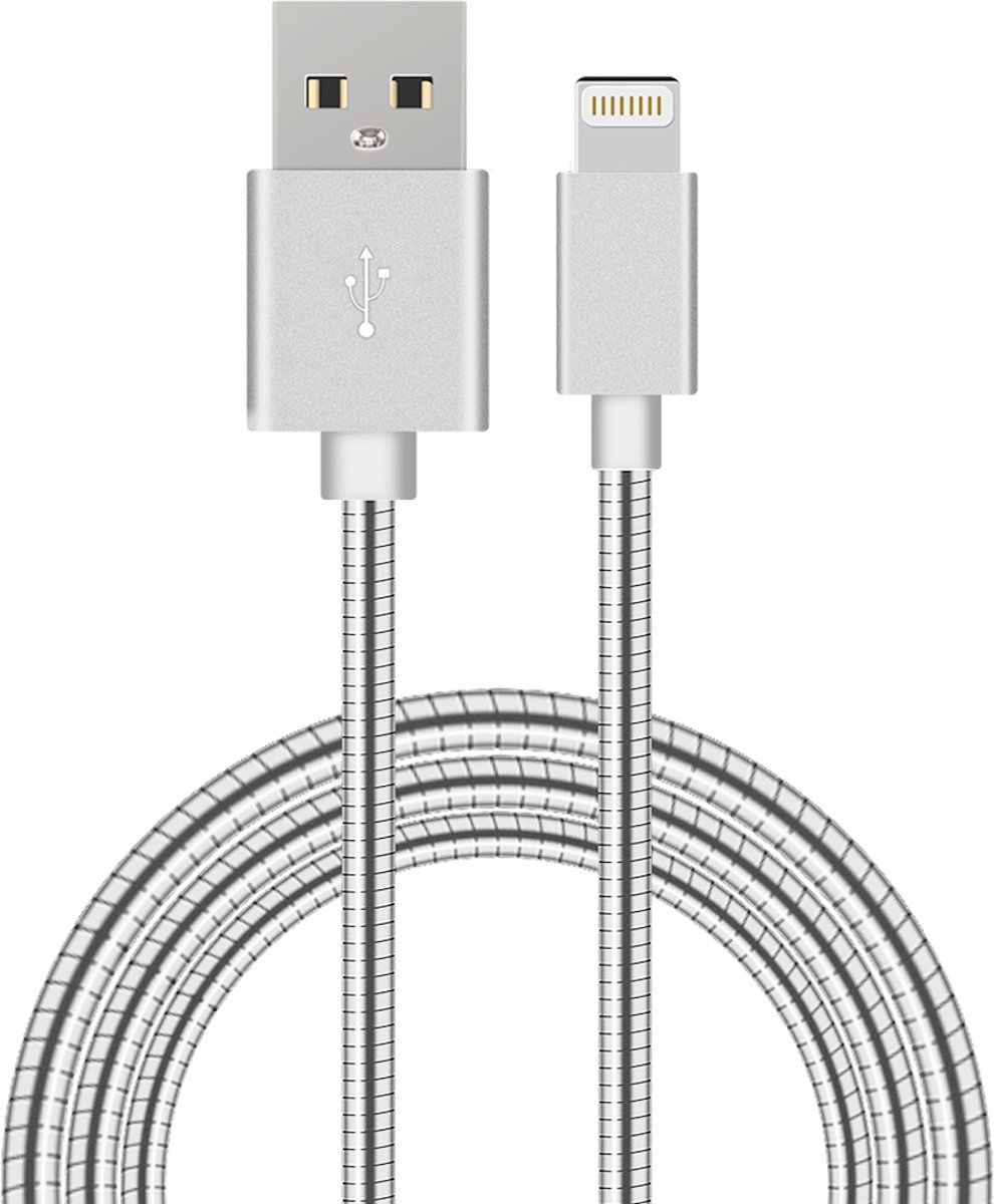 1m 8-pins naar USB 2.0 flexibele metalen gegevenssynchronisatie-oplaadkabel, voor iPhone XR / iPhone XS MAX / iPhone X & XS / iPhone 8 & 8 Plus / iPhone 7 & 7 Plus / iPhone 6 & 6s & 6 Plus & 6s Plus / iPad (Zilver)