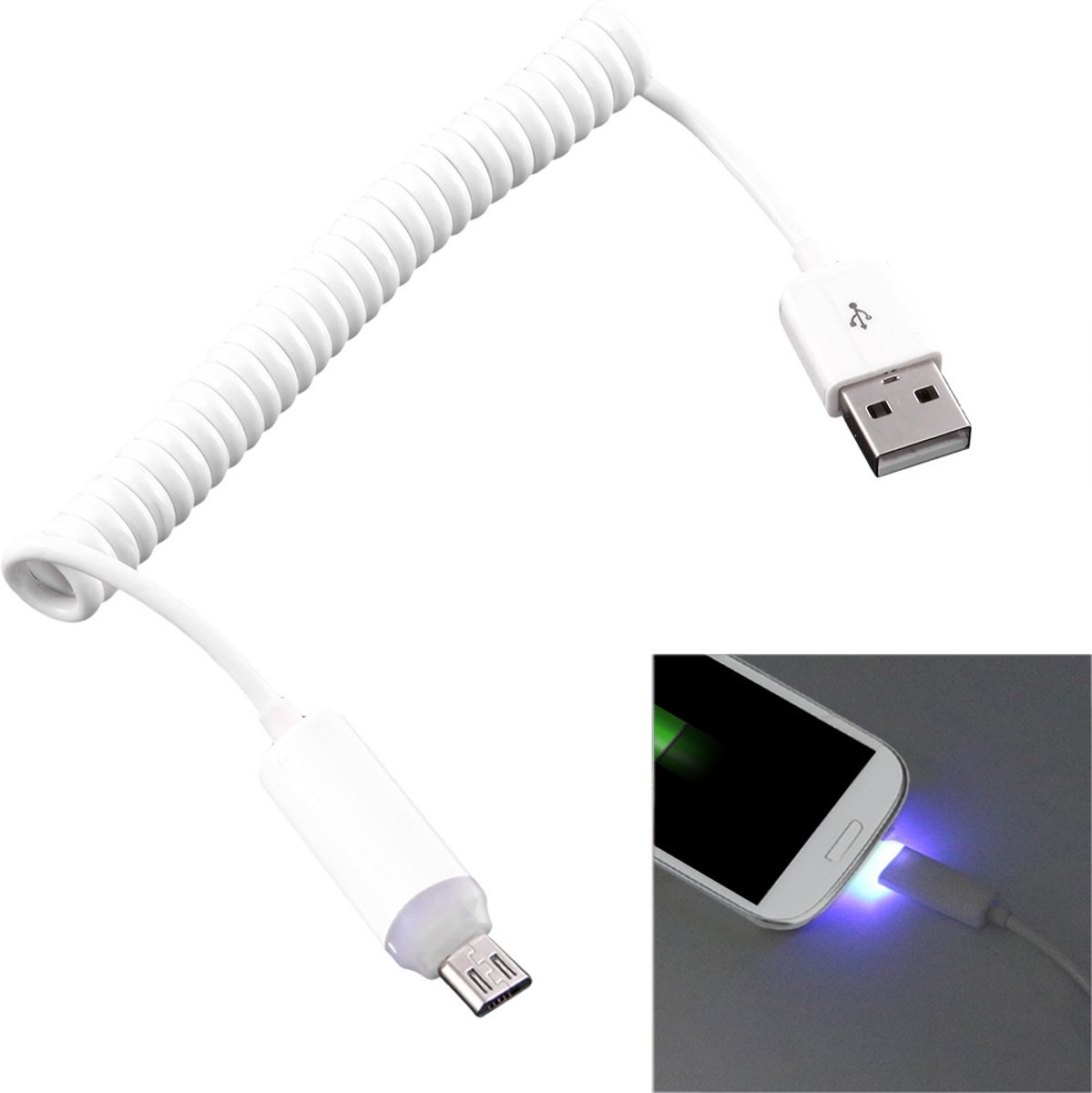 1m Micro USB naar USB 2.0 Sync Gegevens / Oplader Verende kabel met LED-indicator, voor Samsung, HTC, LG, Sony, Huawei, Lenovo, Xiaomi en andere smartphones (wit)