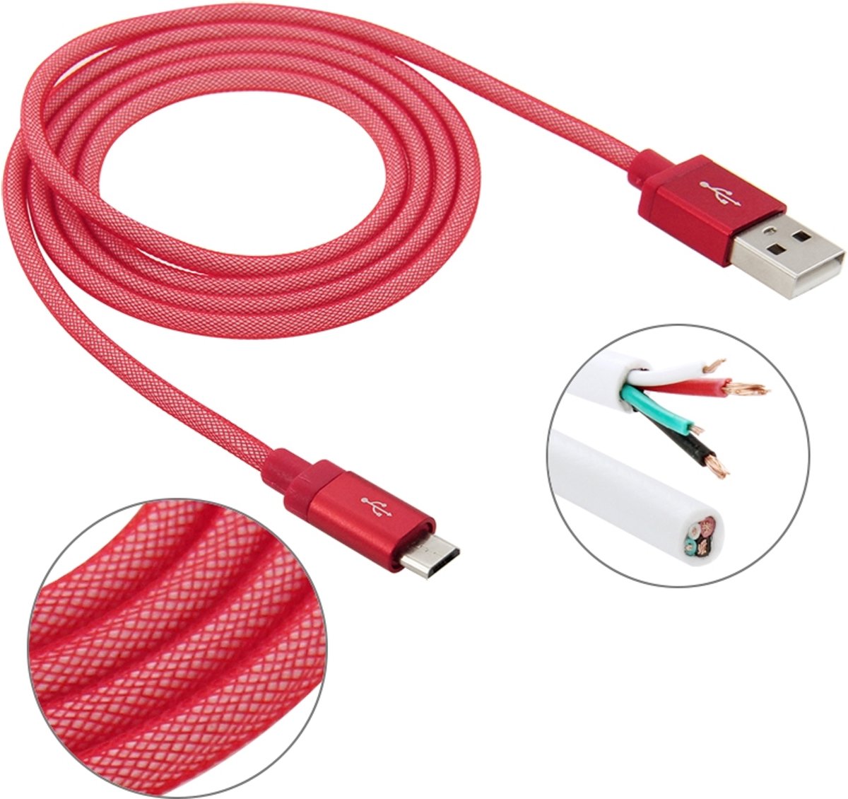 1m Net Style High Quality metalen kop Micro USB naar USB Data / oplaadkabel, of Samsung, HTC, Sony, Lenovo, Huawei en andere smartphones (rood)